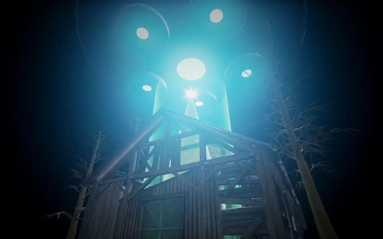 UFO casts a bright beam of light onto a wooden barn in the forest at night