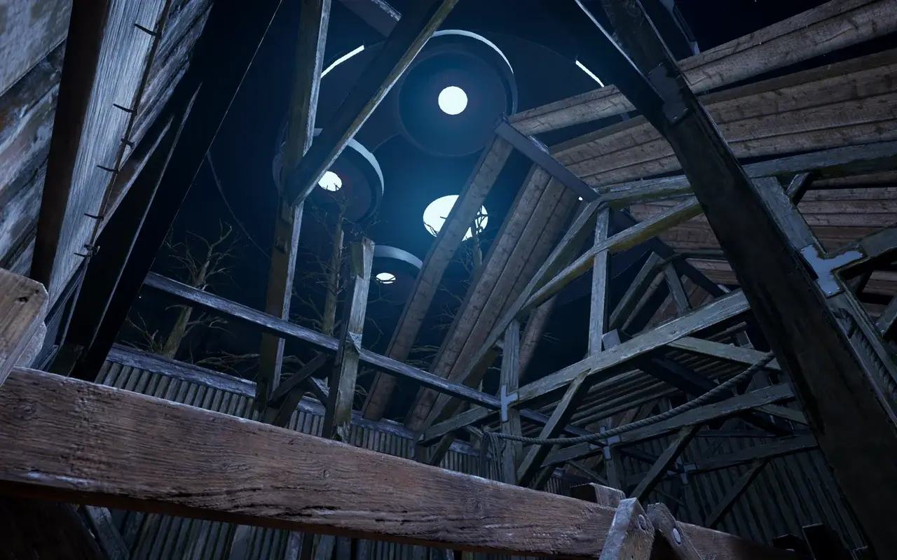 View up through the barn's timber beams at the UFO's lights