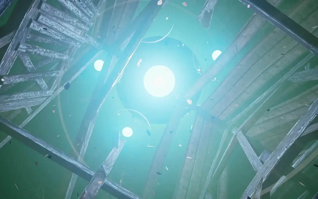 Wooden beams of the barn float in the UFO's bright beam of light