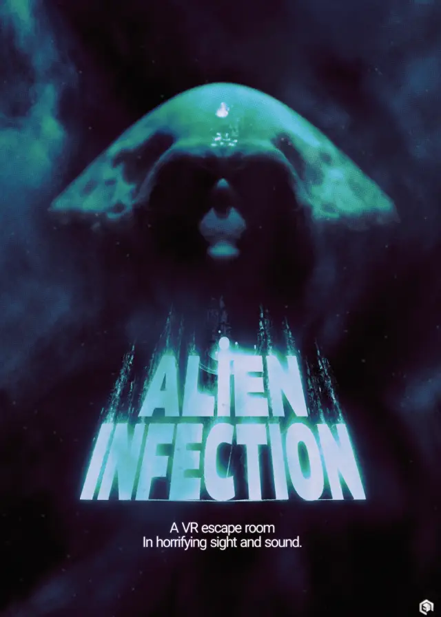 Plakat von Alien Infection: Alienkopf in türkisem Licht über dem Spieltitel