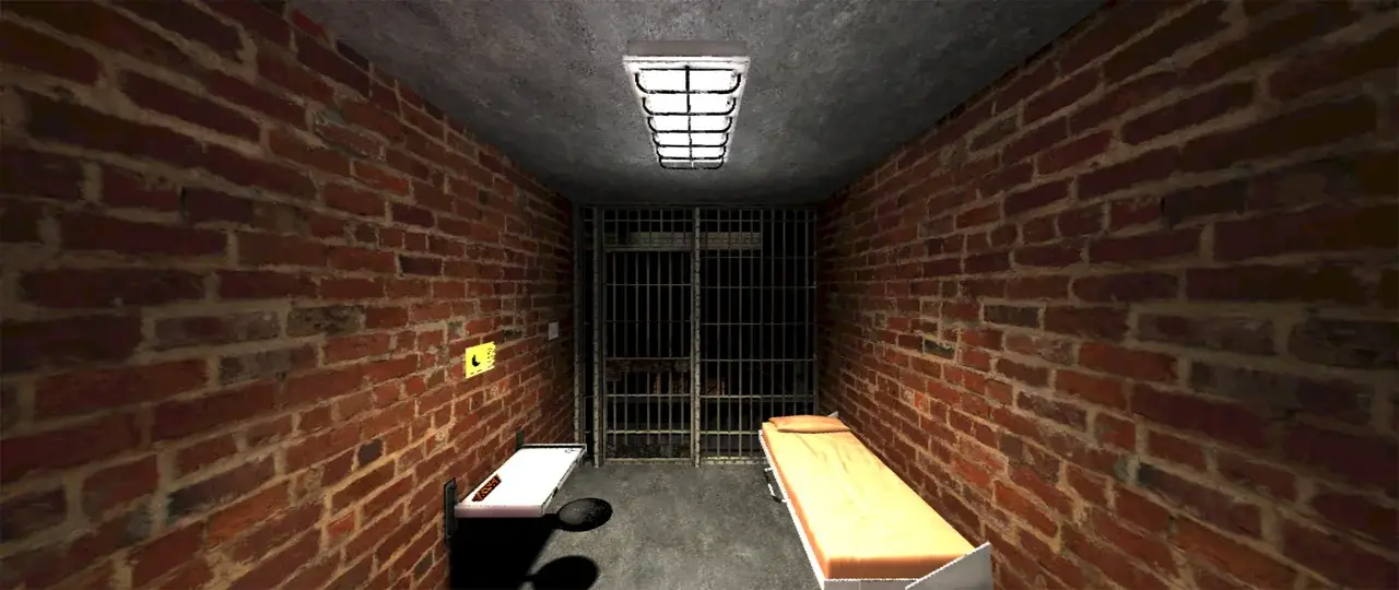 Brick prison cell with bunk, fluorescent light and barred door