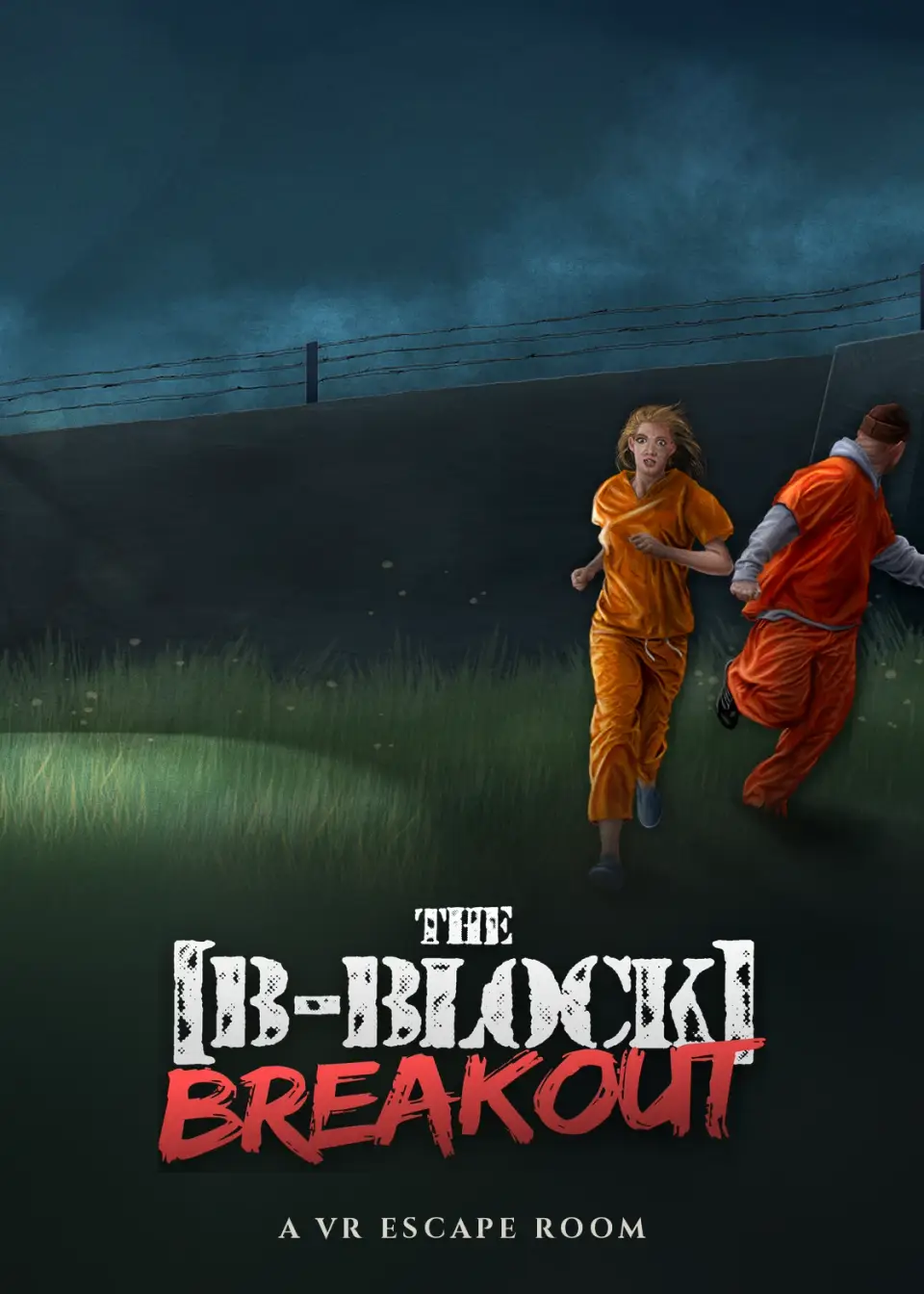 B-Block Breakout poster: two inmates in orange jumpsuits escaping across the prison yard at night