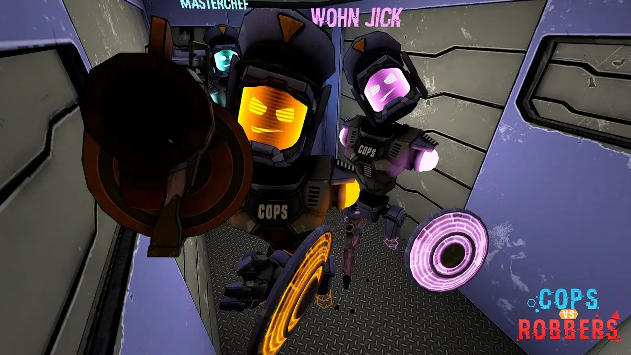 Two robot players with orange and purple visors in a corridor