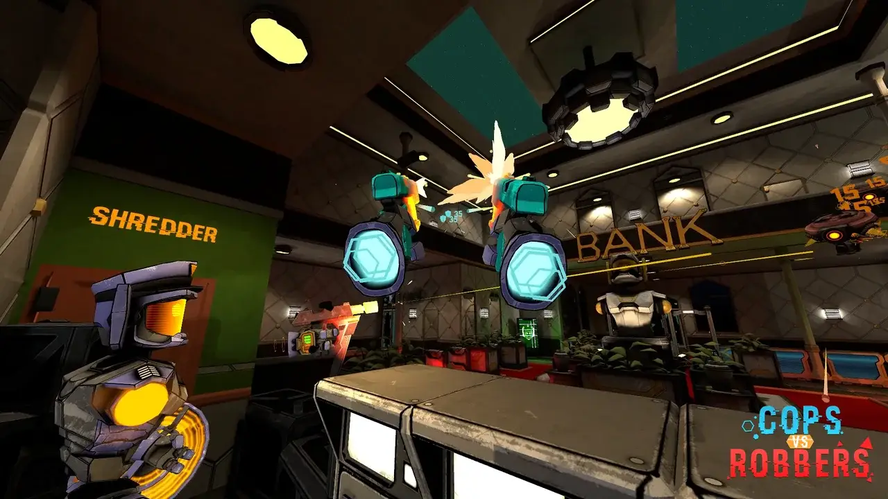 Firefight with turquoise blasters in a bank lobby