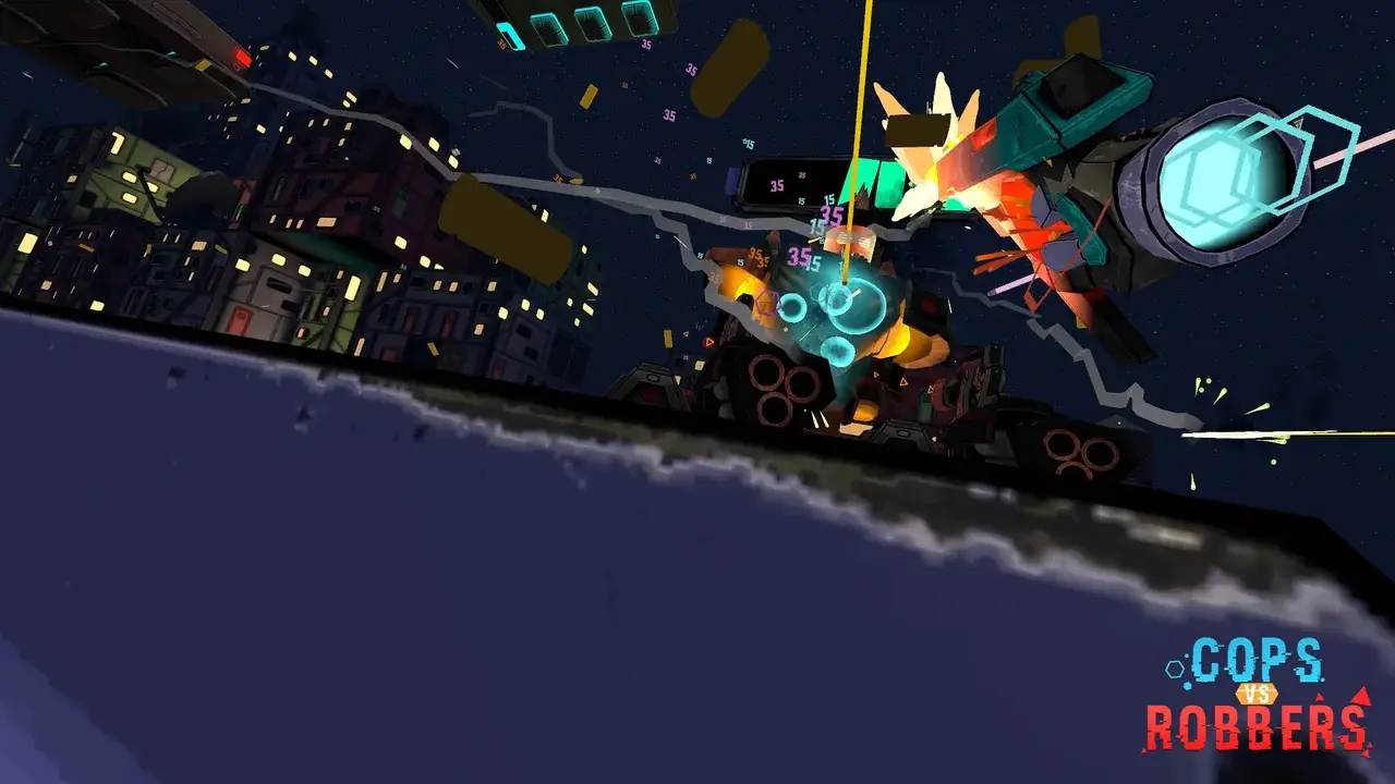 Blaster firing from a rooftop at a robot against a night skyline