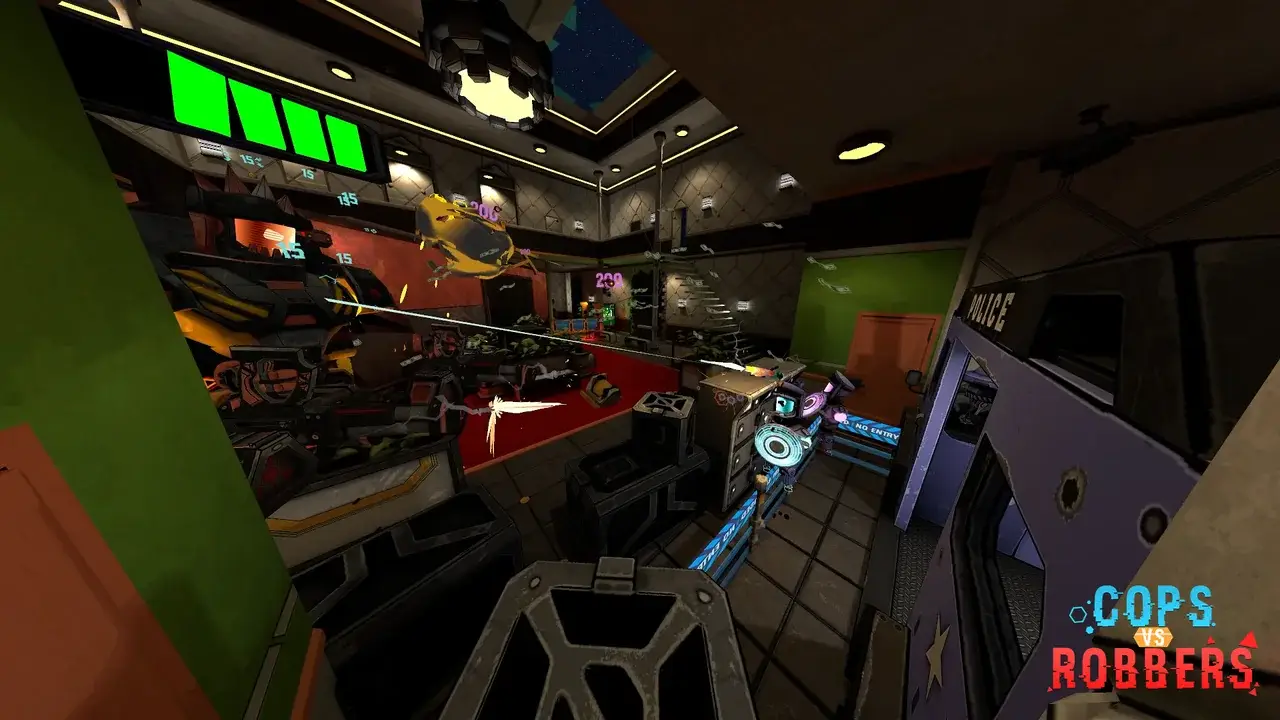 Laser shots across the bank hall, police booth on the right