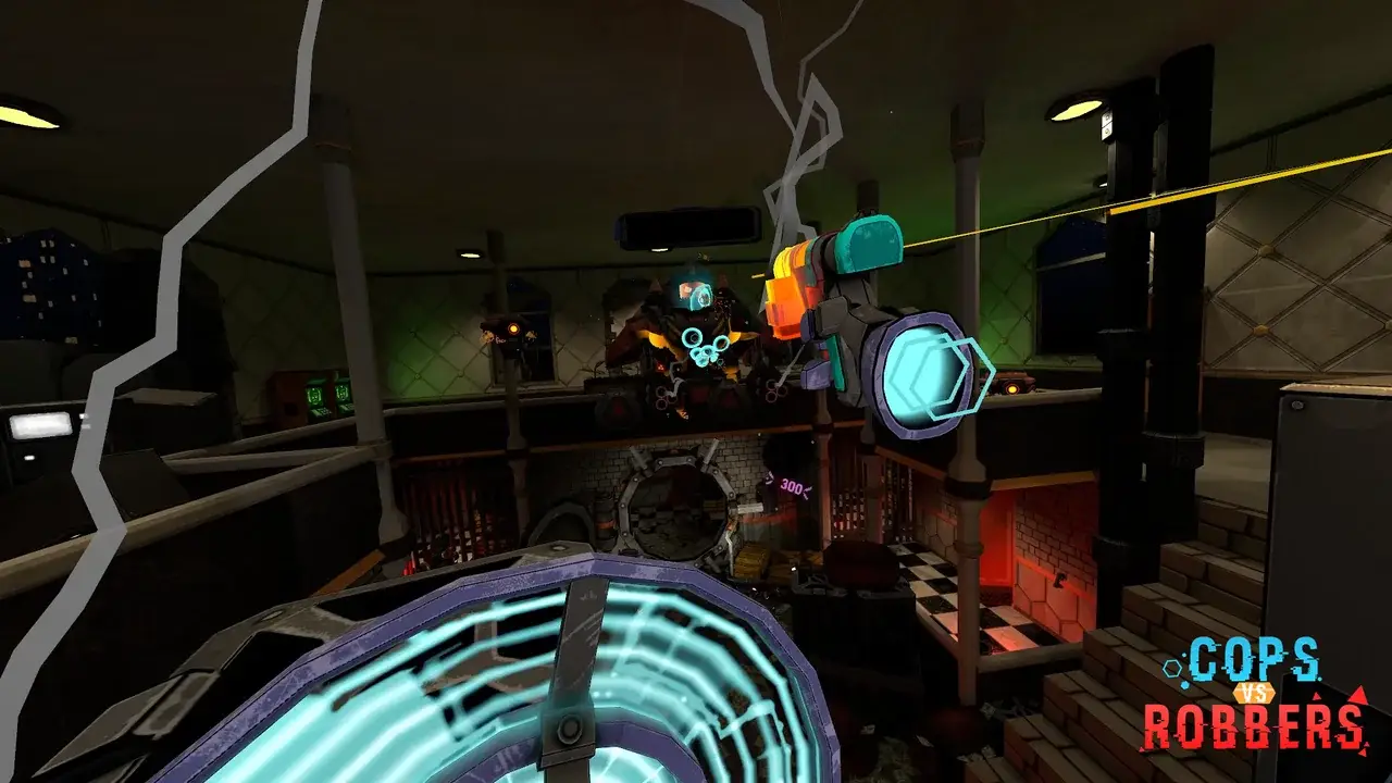 Lightning bolt and glowing teleporter pad in a dark bank building