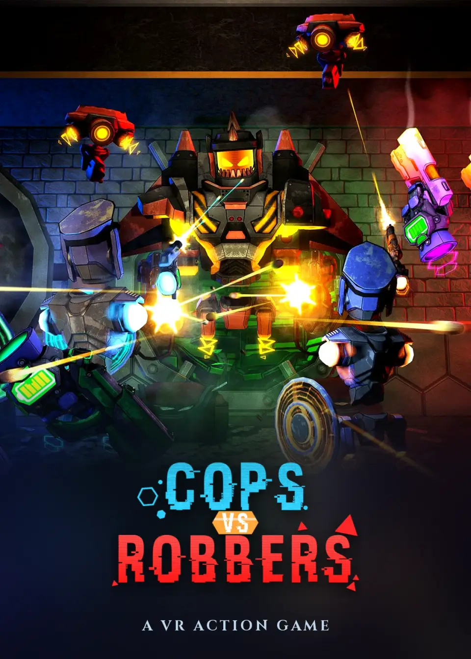 Cops vs Robbers poster: robot cops and robbers in a colourful shootout