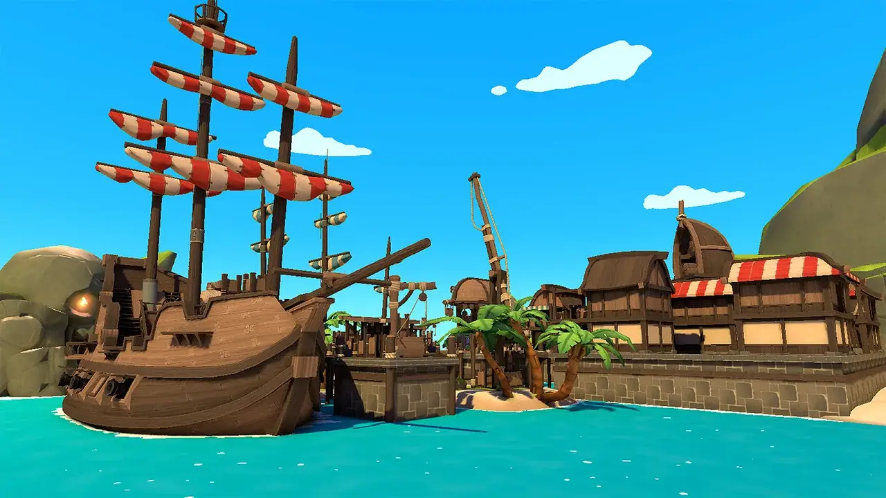 Pirate map: galleon with striped sails in front of harbour buildings and turquoise sea