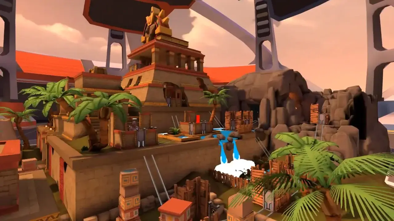 Temple map: stepped pyramid with palm trees, rocks and cover crates in evening light