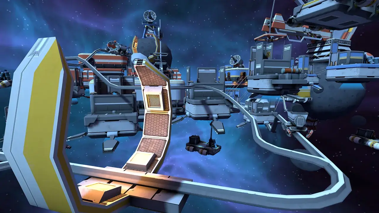 Space map: curved walkway of a space station against a blue starry sky