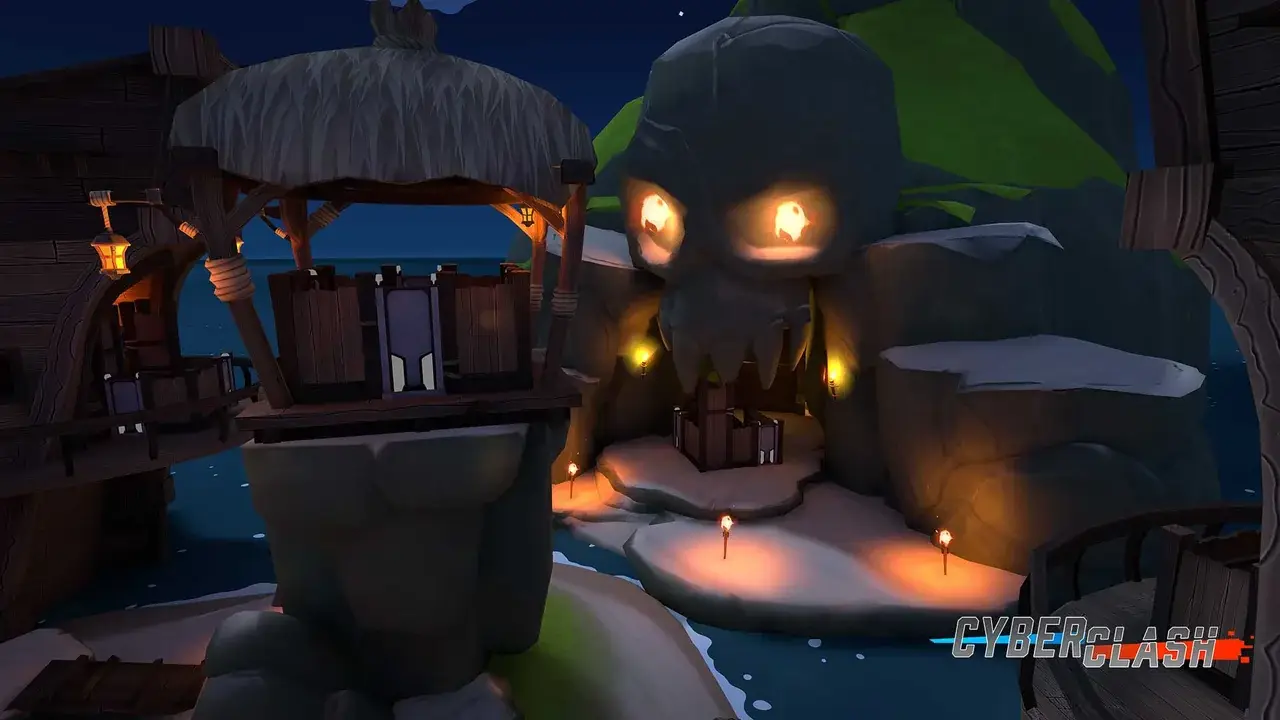 Pirate map at night: hut in front of a skull rock with glowing eyes