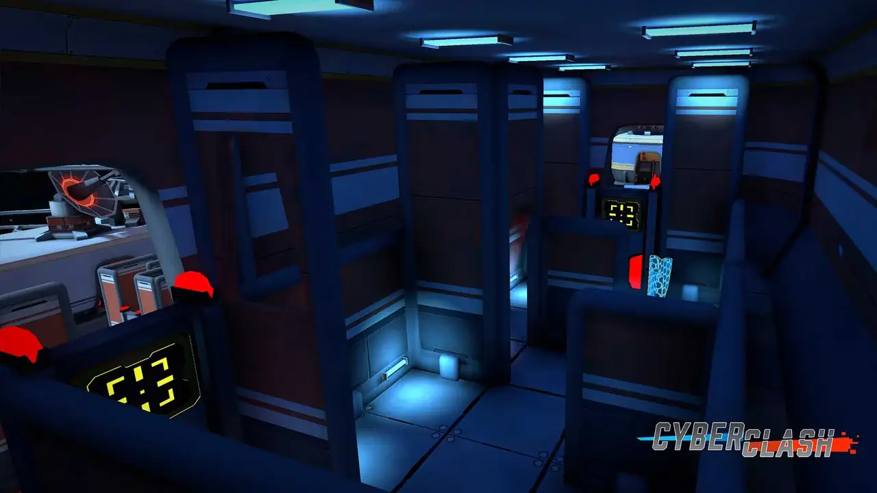 Space station interior: blue-lit corridors with consoles and cover walls