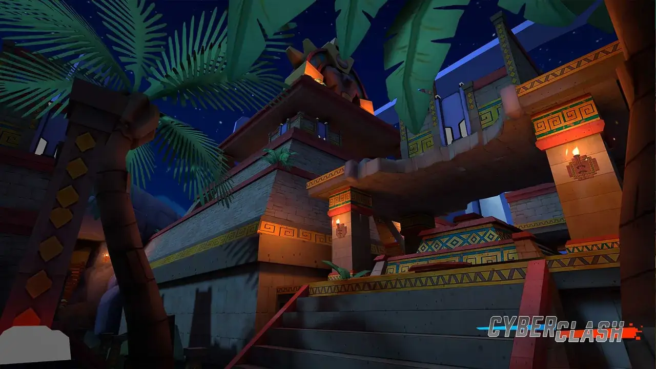 Temple map at night: Maya-style temple with palm trees under a starry sky