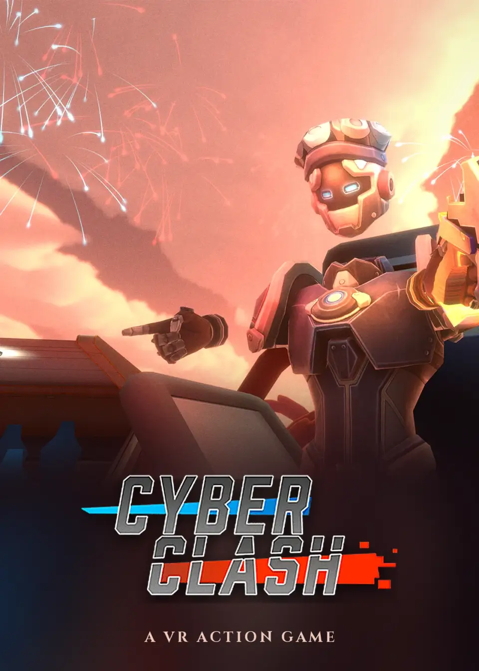 Cyberclash poster: a robot gladiator firing under a pink fireworks sky