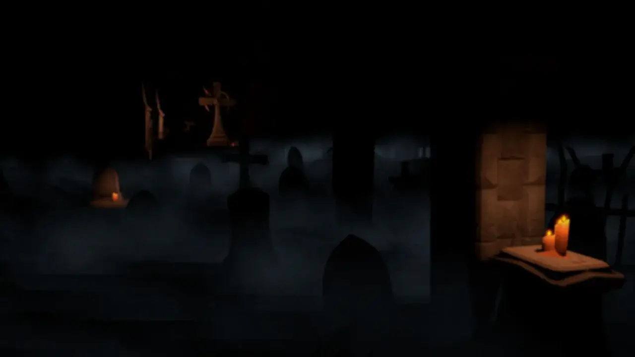 Foggy graveyard at night with tombstones, crosses and candles on a table