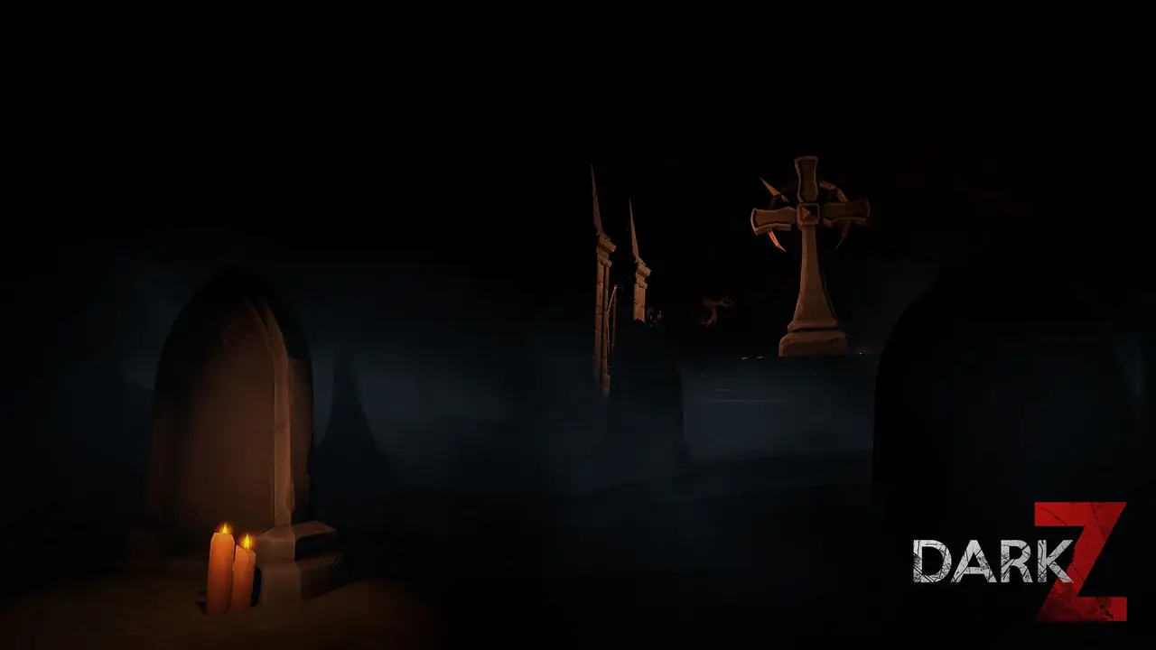 Tombstone with burning candles and a stone cross in near-total darkness