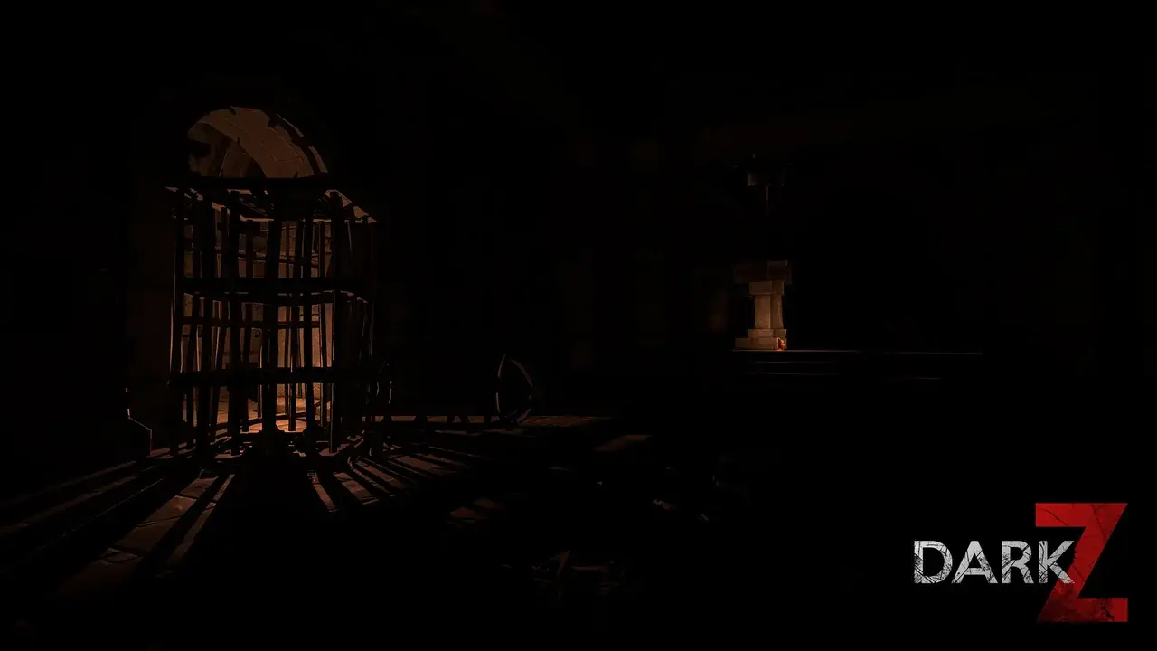 Iron cage in a dark vault casting stripes of light on the floor