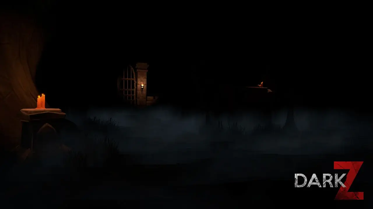 Dark mist with a candle on a stone lectern and a barred window