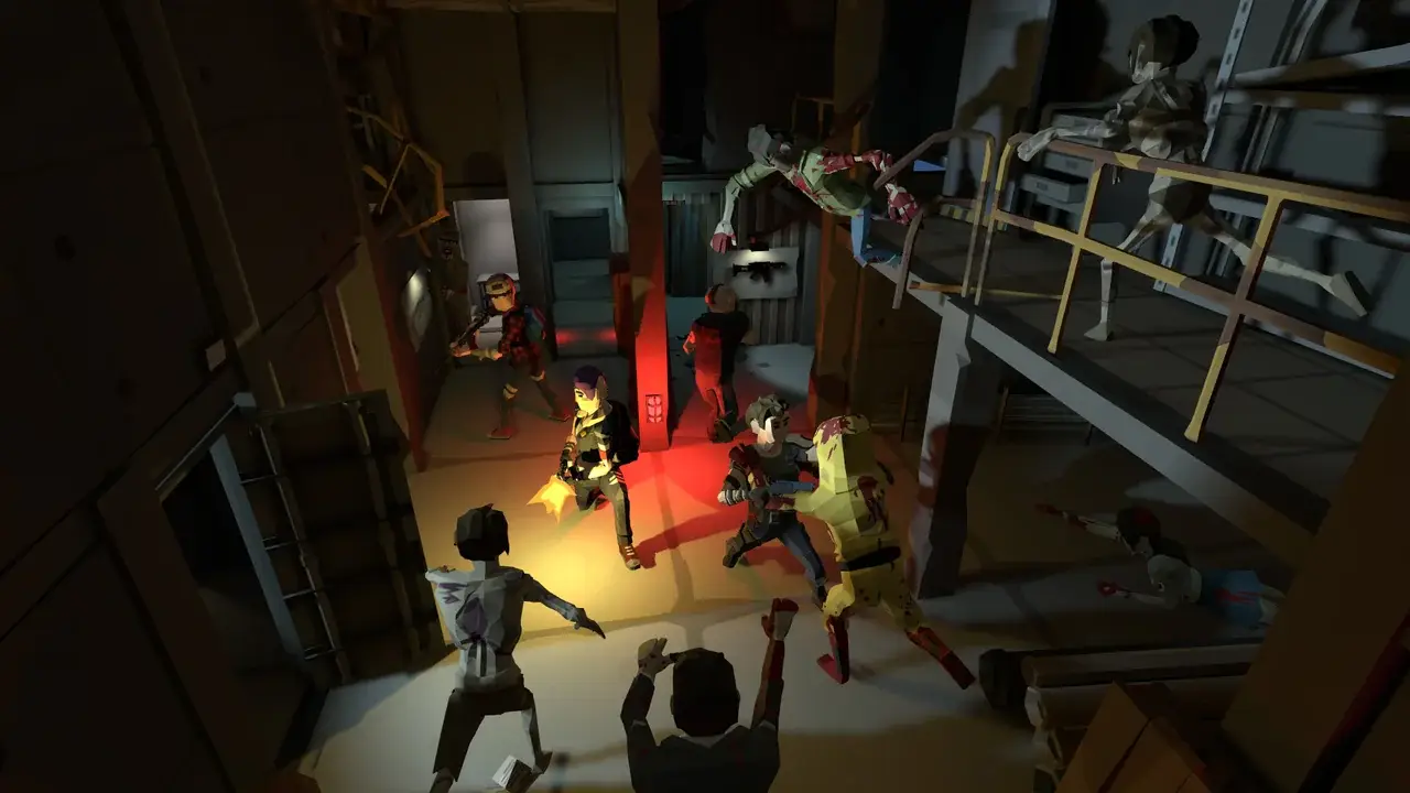 Players fight off a zombie horde on industrial catwalks, red light in the centre
