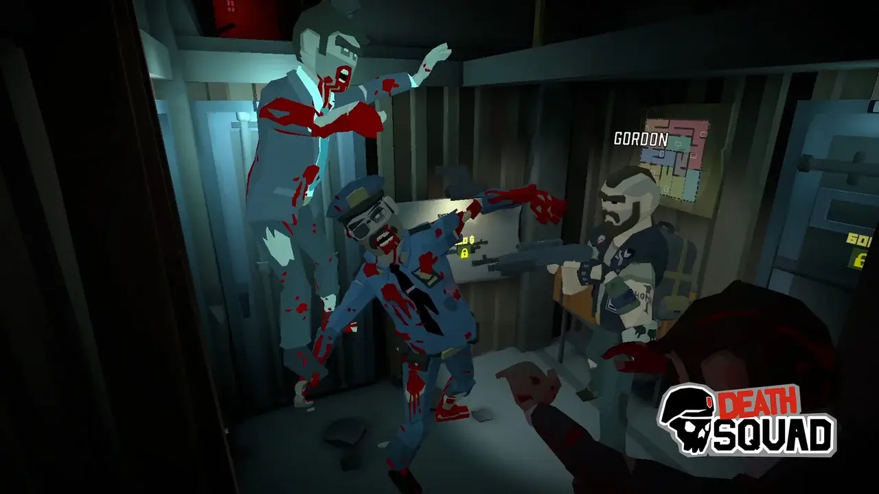 Bloody zombies attack a bearded soldier in a blue-lit corridor
