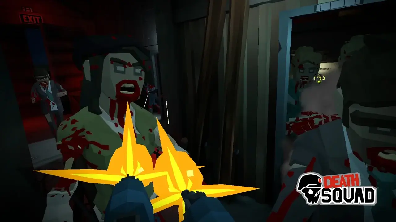 Muzzle flash in front of a zombie at close range, red room with exit sign