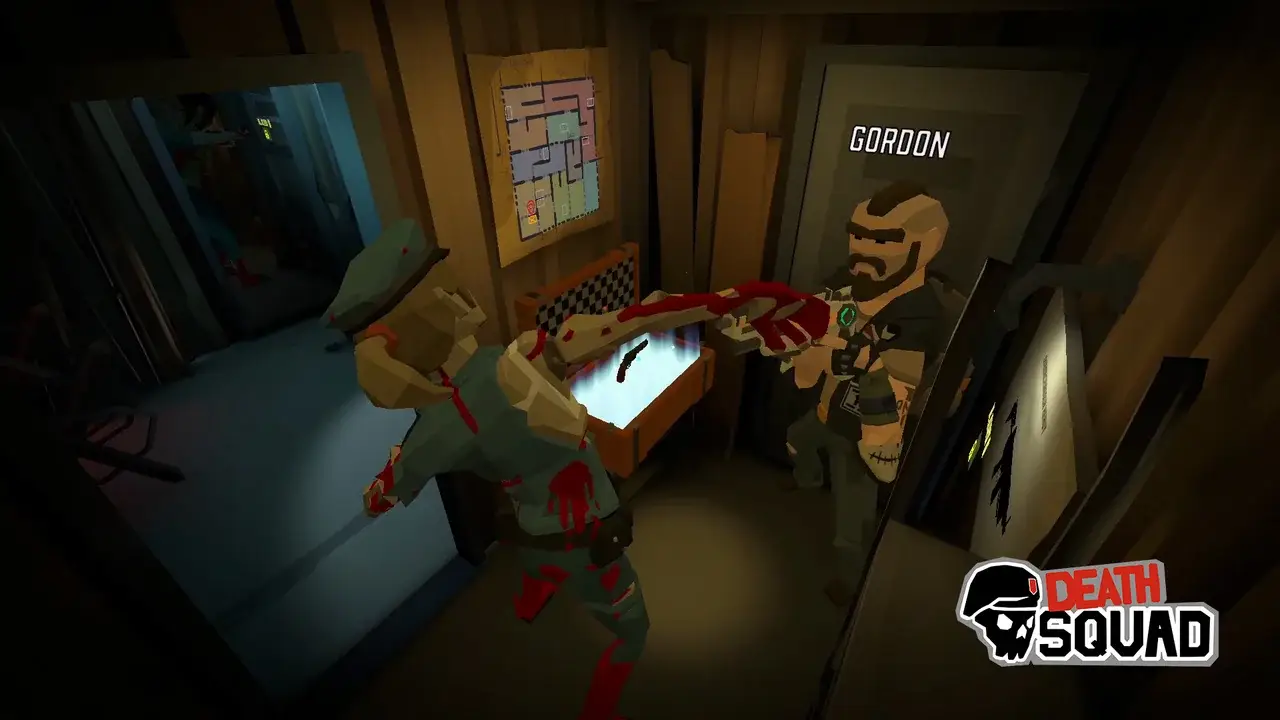 Uniformed zombie swings at a soldier in a storage room