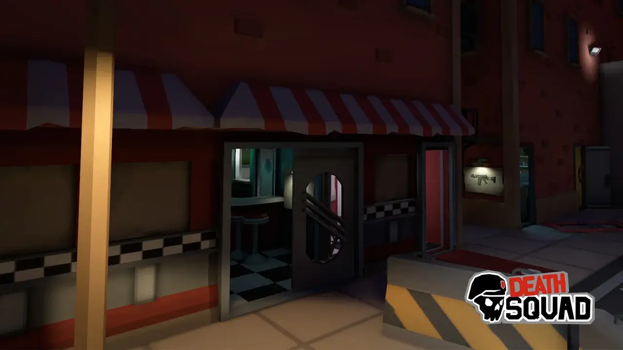 City map: shopfront with striped awning and checkerboard tiles in an alley