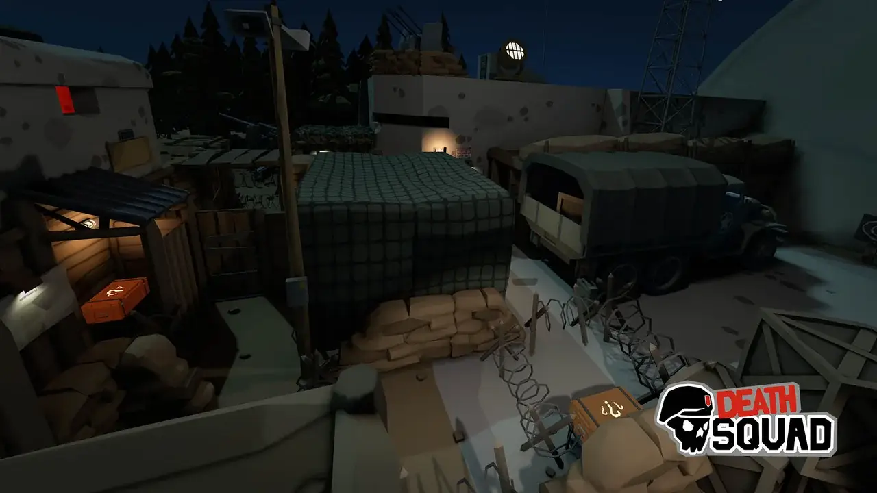 Trenches map at night: sandbags, barbed wire and a military truck