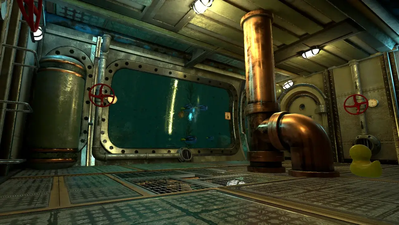 Messingrohre und Bullauge mit Fischen in der Unterwasserstation