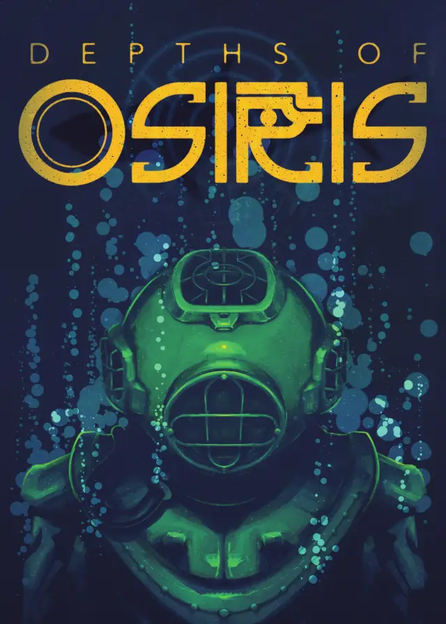 Plakat von Depths of Osiris: Taucherhelm zwischen Luftblasen unter dem Spieltitel