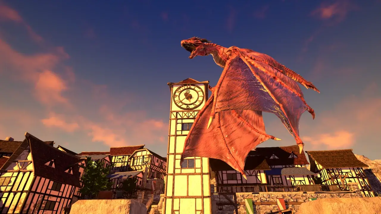 Roter Drache fliegt bei Sonnenuntergang am Uhrturm über der Fachwerkstadt