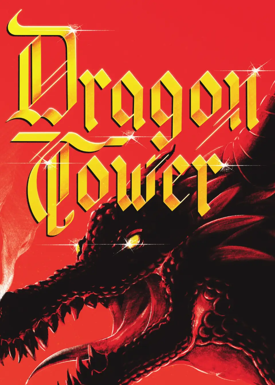 Plakat von Dragon Tower: Drache mit aufgerissenem Maul vor rotem Hintergrund