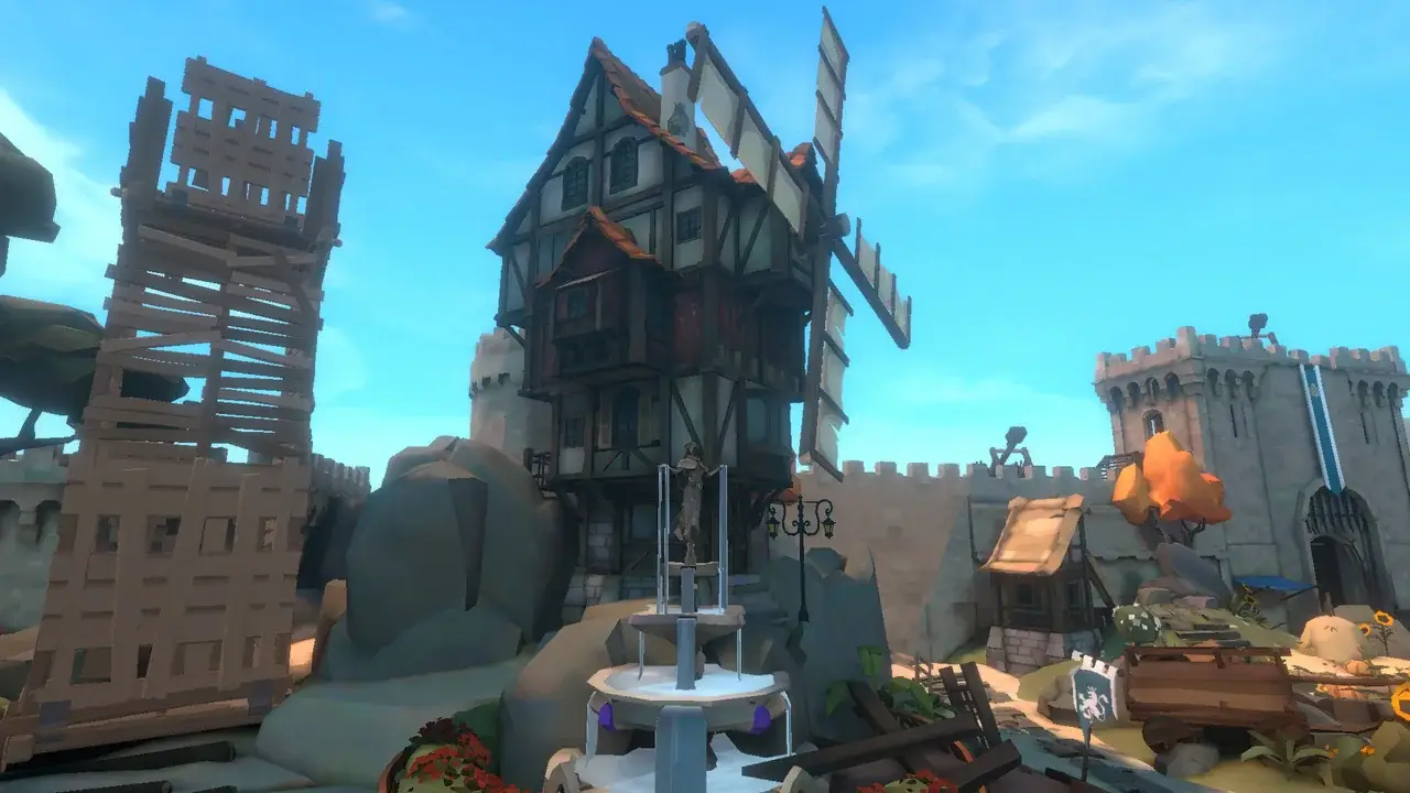 Half-timbered windmill on a rock next to a castle wall and fountain
