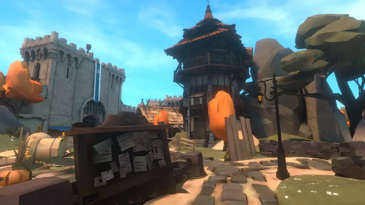 Castle courtyard with notice board, watchtower and orange autumn trees