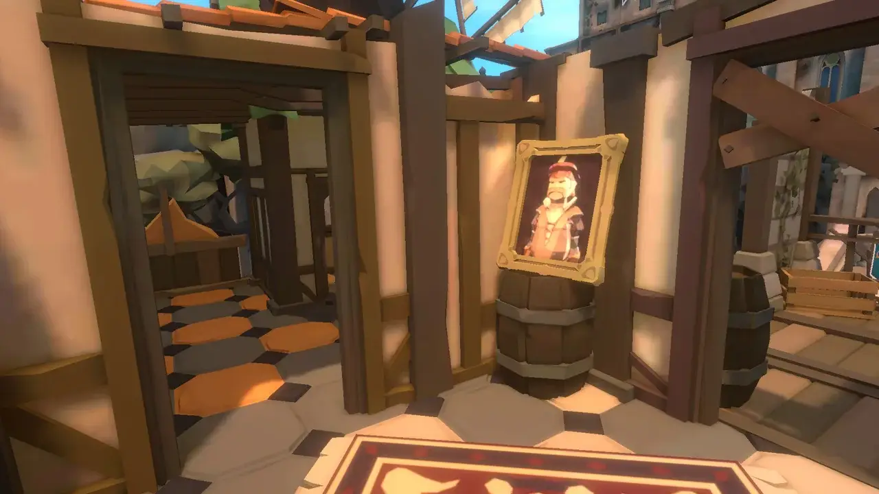 Interior with a knight portrait on a barrel and checkerboard floor
