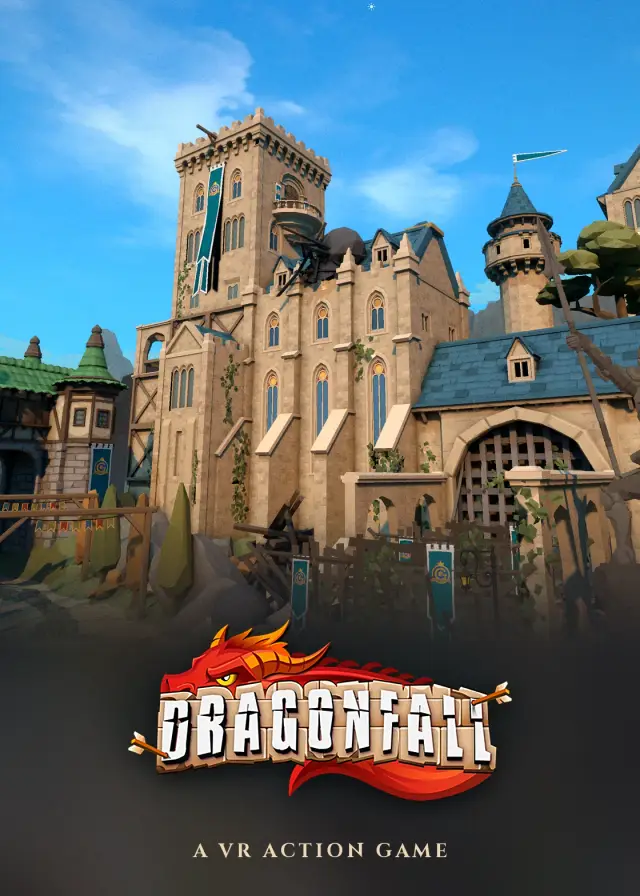 Plakat von DragonFall: Burg mit Bergfried unter blauem Himmel