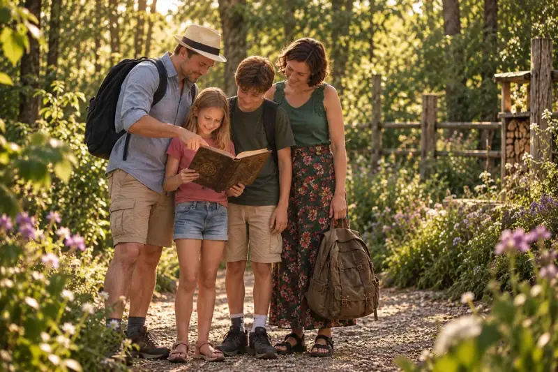 Family discovers a puzzle book together in the Umweltgarten