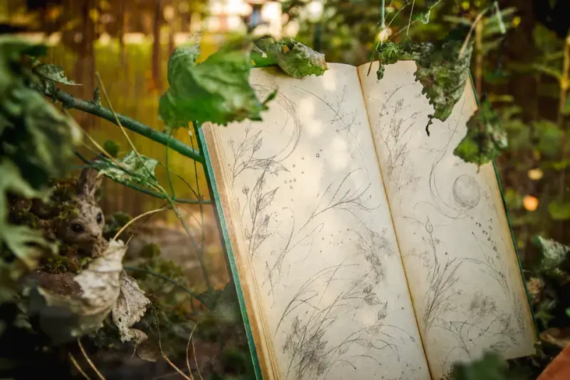 Open field journal among leaves and branches