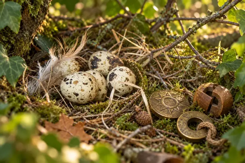 Nest with found objects and puzzle tokens