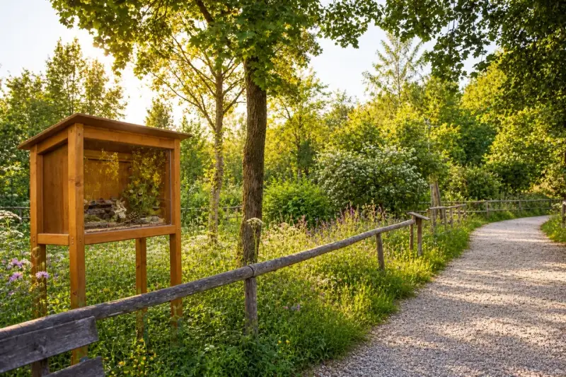 Garden path with display case in Neubiberg’s Umweltgarten
