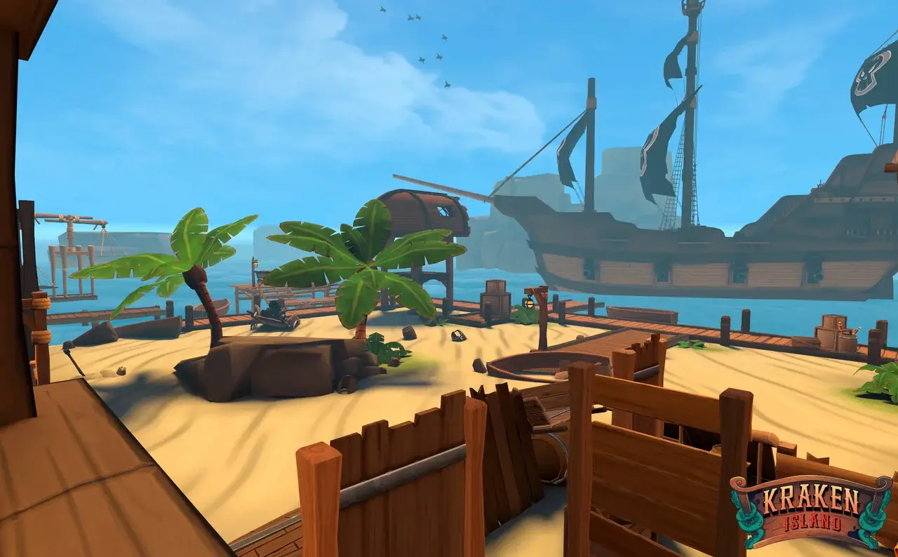 Sandy beach with palm trees and wooden fence, a pirate ship at anchor behind