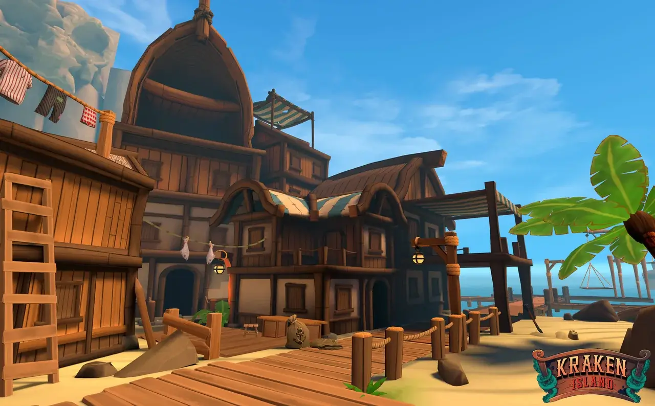 Wooden pier in front of colourful pirate houses with a ladder and palm tree