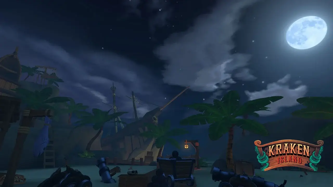 Beach under a full moon with cannons, palm trees and a shipwreck