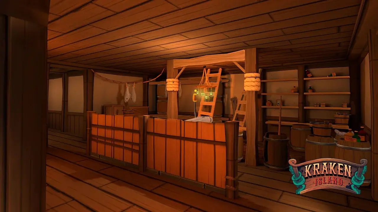 Wooden shop interior with counter, shelves, barrels and hanging lamps