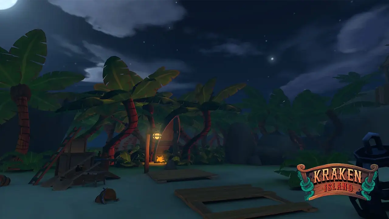 Jungle camp at night with campfire, palm trees and wooden planks