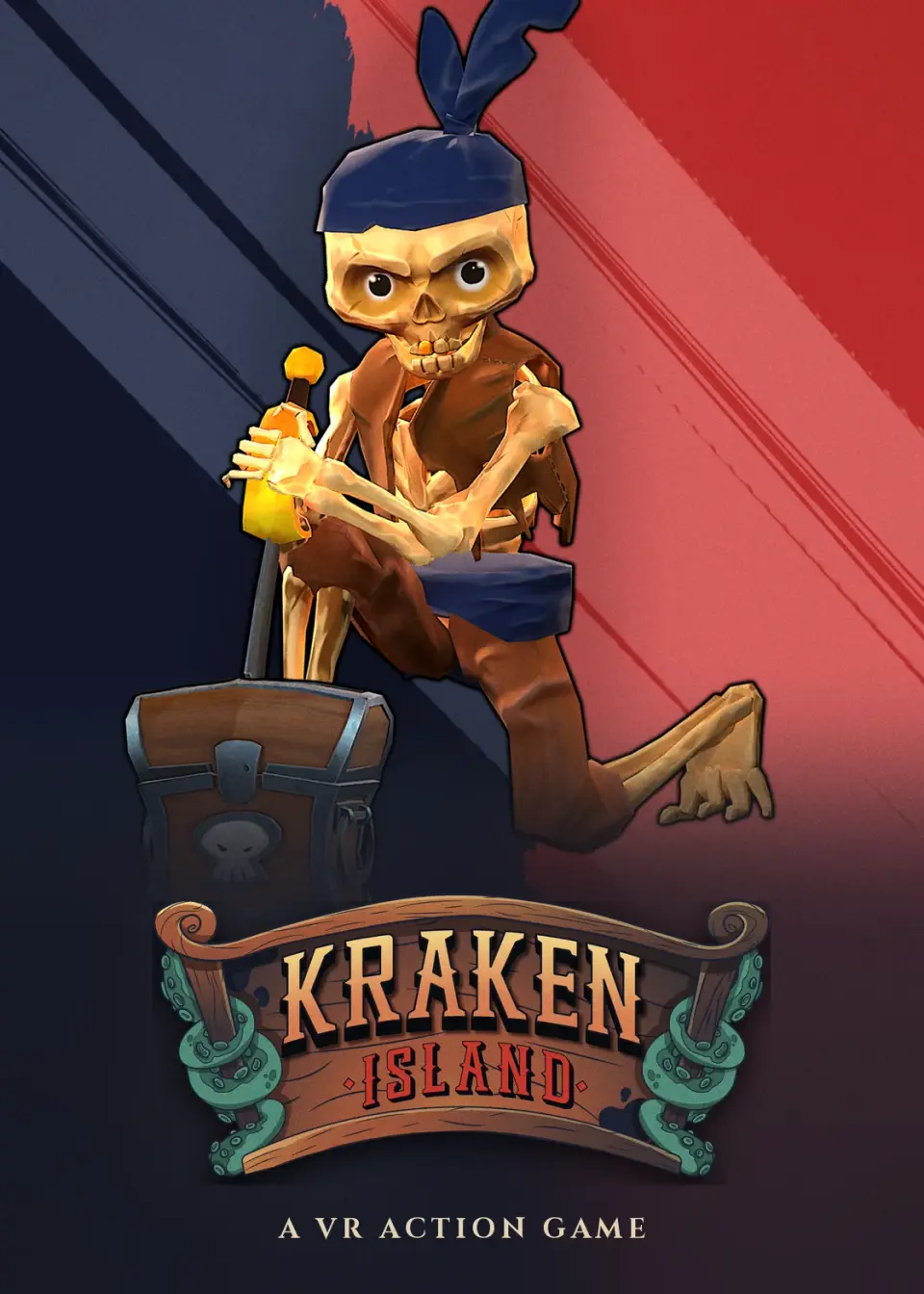 Kraken Island poster: a skeleton pirate with a treasure chest