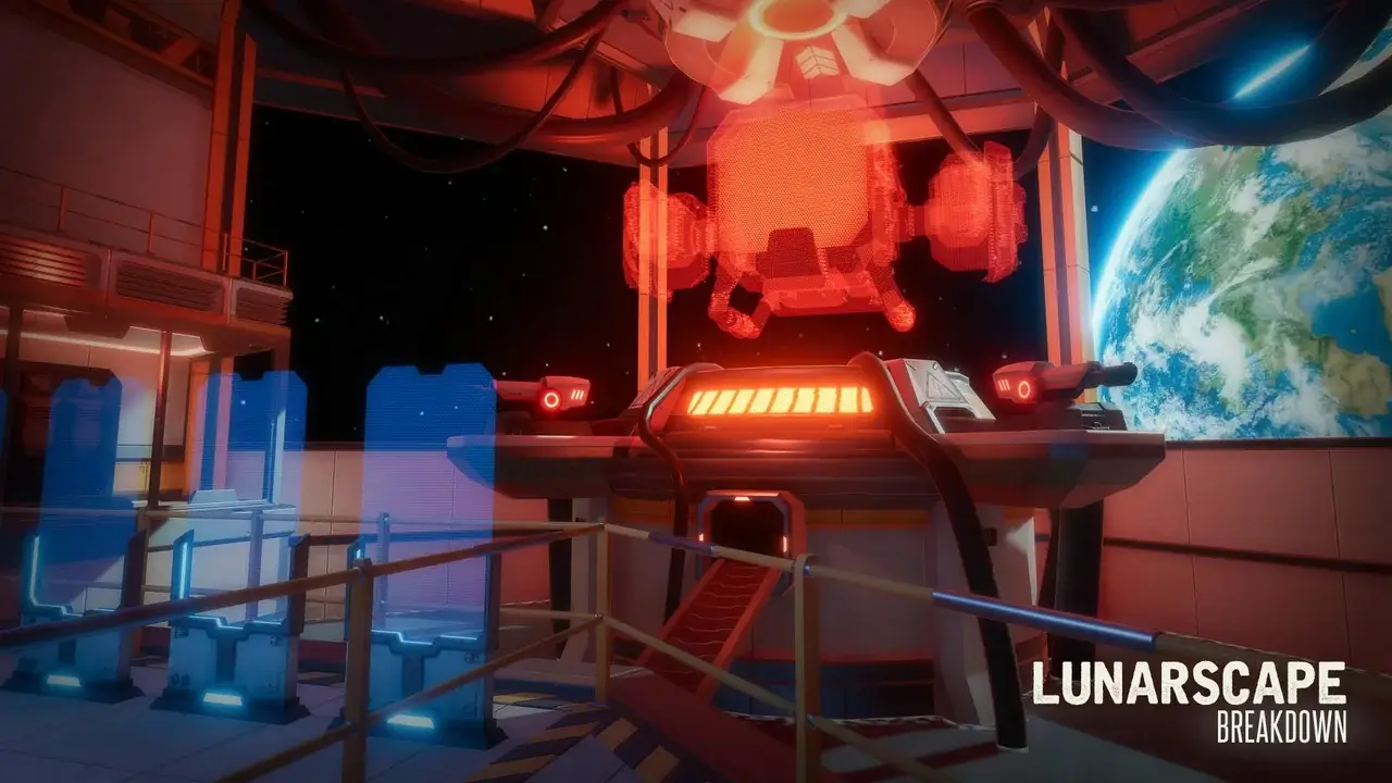 Red-lit control room of the moon base with a view of Earth