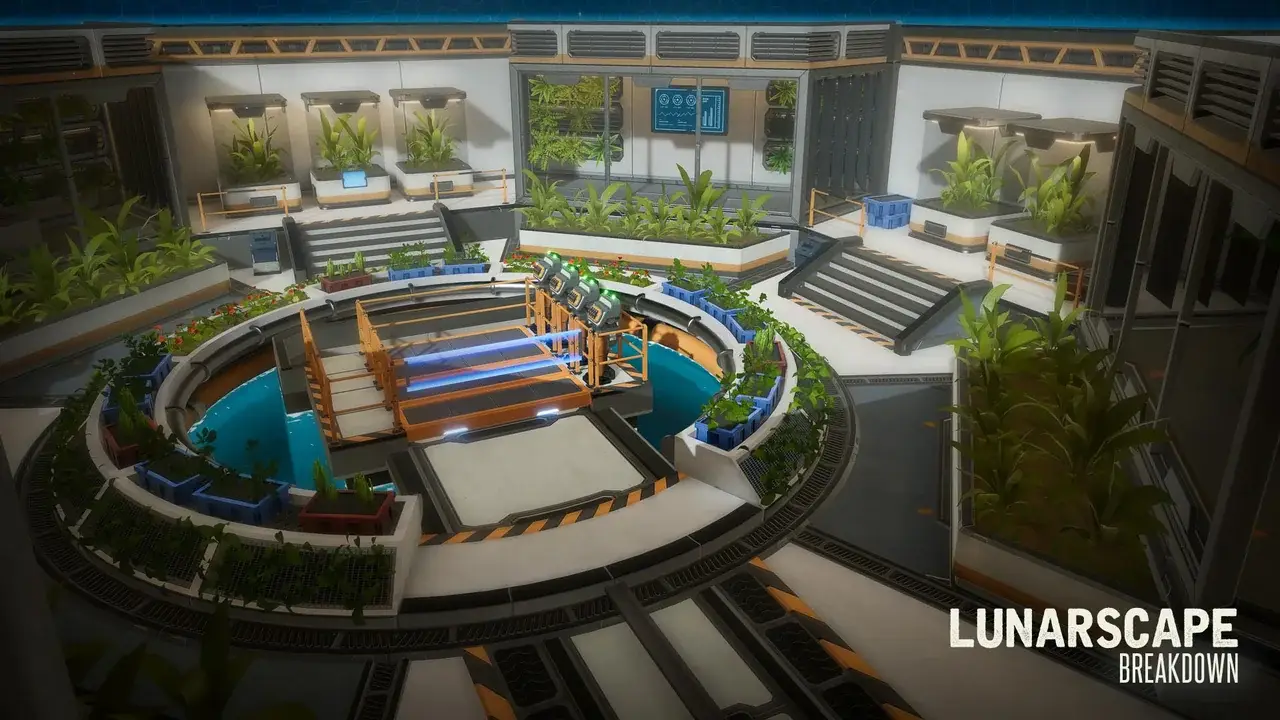Circular atrium with planters and a water basin inside the moon base