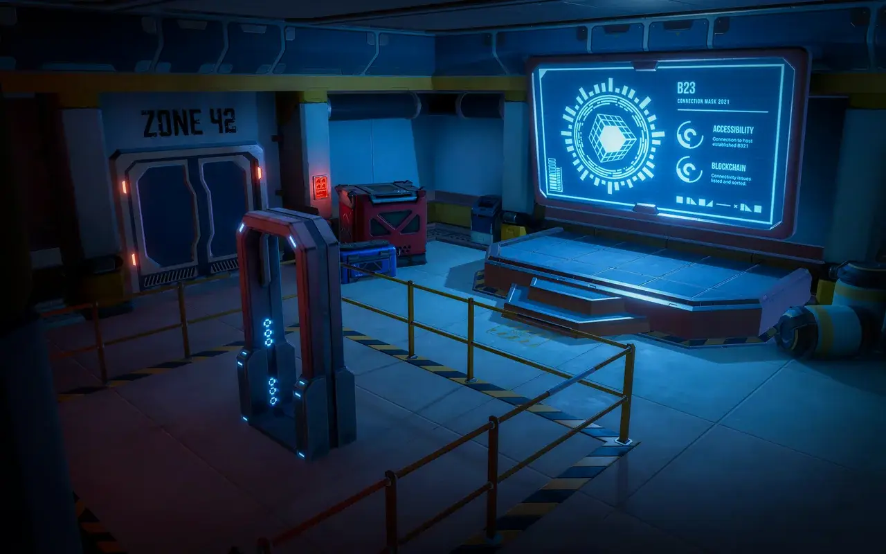 “Zone 42” hall with a large holographic screen and safety railings